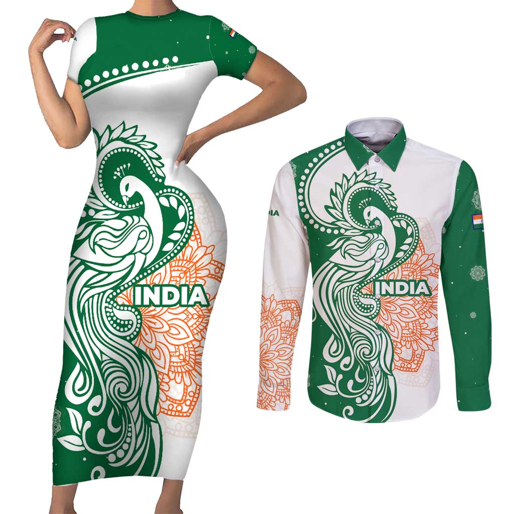 India Christmas Couples Matching Short Sleeve Bodycon Dress and Long Sleeve Button Shirt with Peacock Mandala Pattern and Tricolor Design - Wonder Print Shop