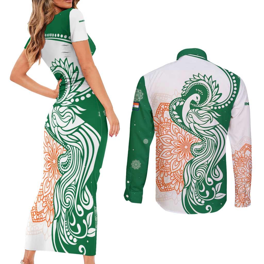 India Christmas Couples Matching Short Sleeve Bodycon Dress and Long Sleeve Button Shirt with Peacock Mandala Pattern and Tricolor Design - Wonder Print Shop