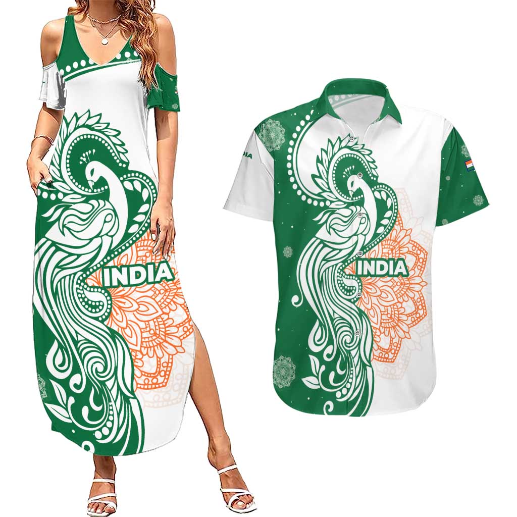India Christmas Couples Matching Summer Maxi Dress and Hawaiian Shirt with Peacock Mandala Pattern and Tricolor Design - Wonder Print Shop