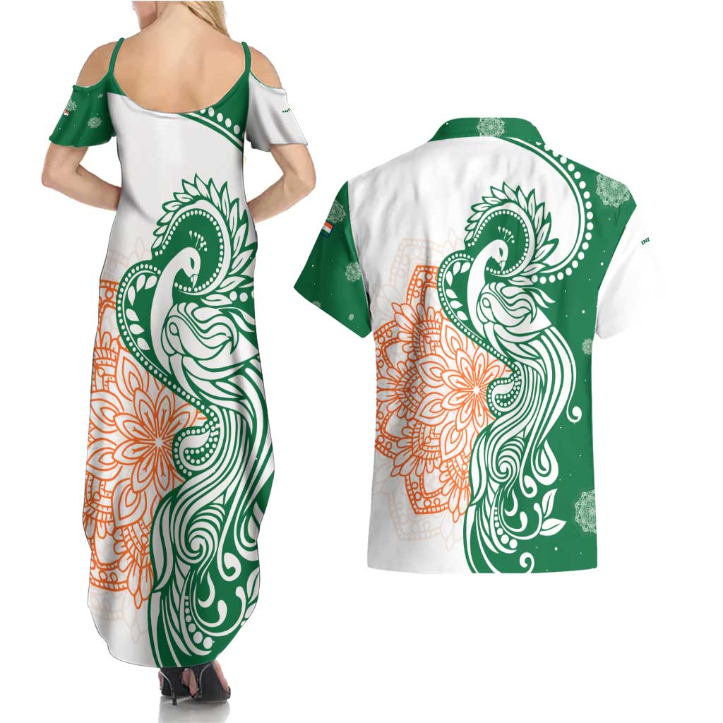 India Christmas Couples Matching Summer Maxi Dress and Hawaiian Shirt with Peacock Mandala Pattern and Tricolor Design - Wonder Print Shop