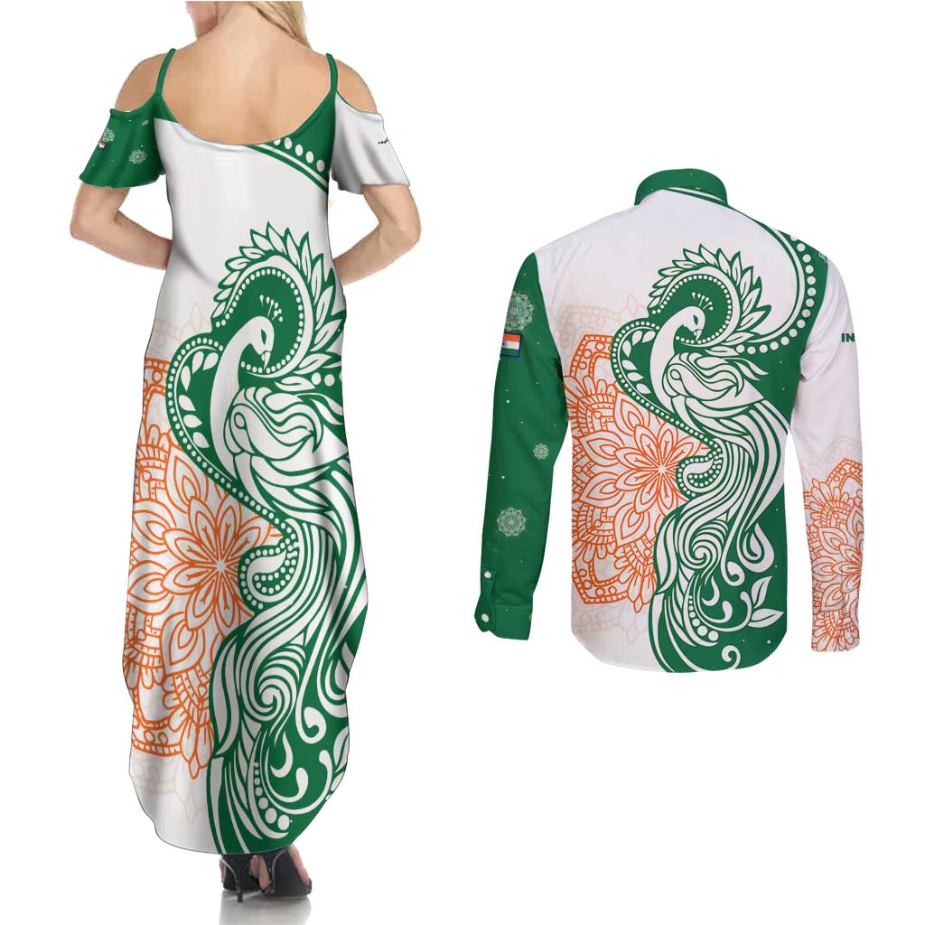 India Christmas Couples Matching Summer Maxi Dress and Long Sleeve Button Shirt with Peacock Mandala Pattern and Tricolor Design - Wonder Print Shop