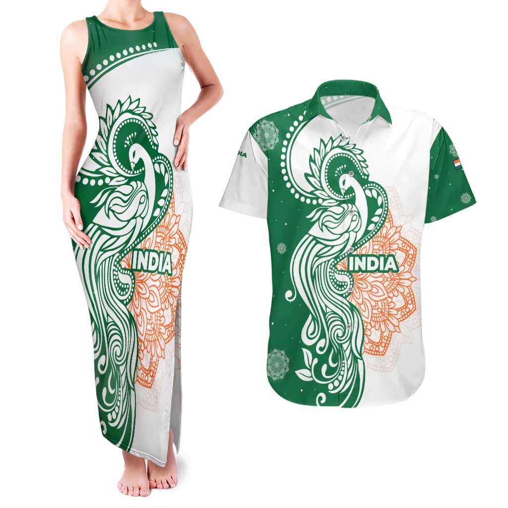 India Christmas Couples Matching Tank Maxi Dress and Hawaiian Shirt with Peacock Mandala Pattern and Tricolor Design - Wonder Print Shop