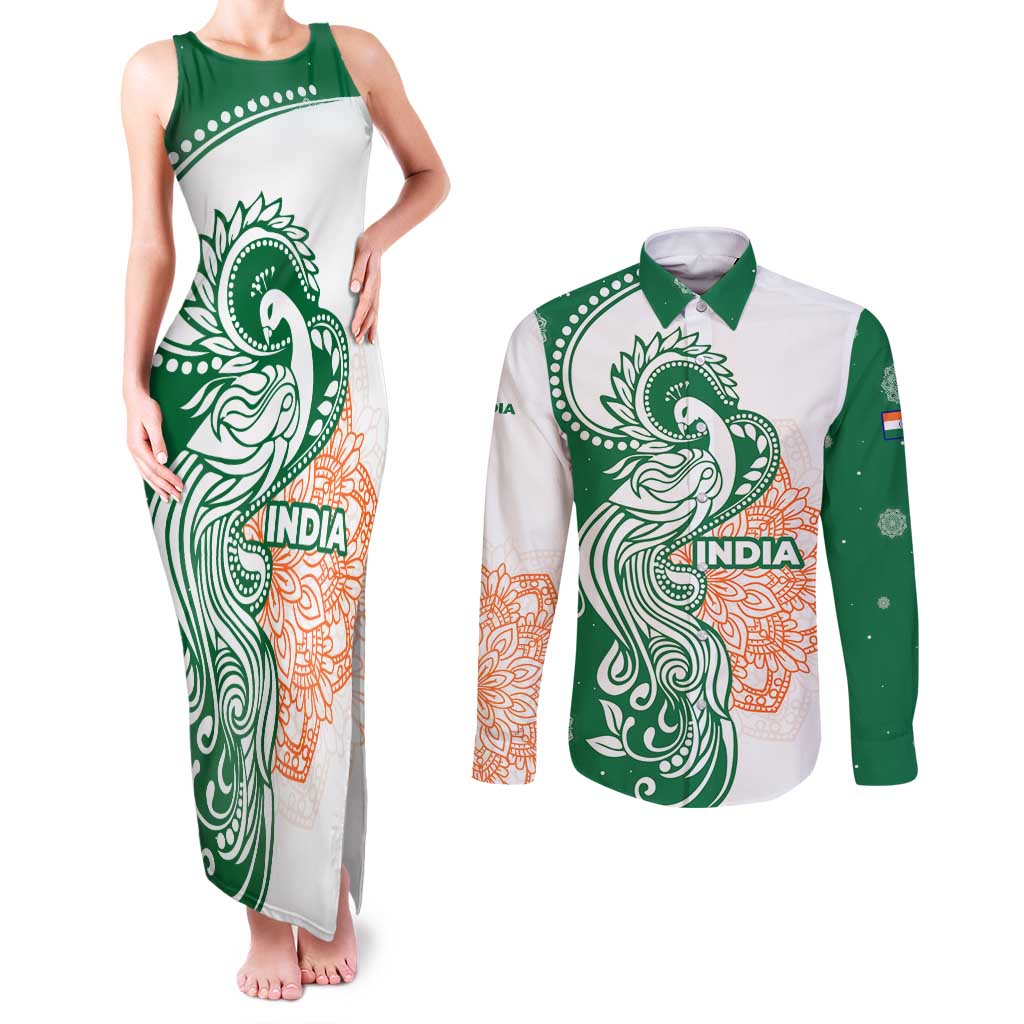 India Christmas Couples Matching Tank Maxi Dress and Long Sleeve Button Shirt with Peacock Mandala Pattern and Tricolor Design - Wonder Print Shop