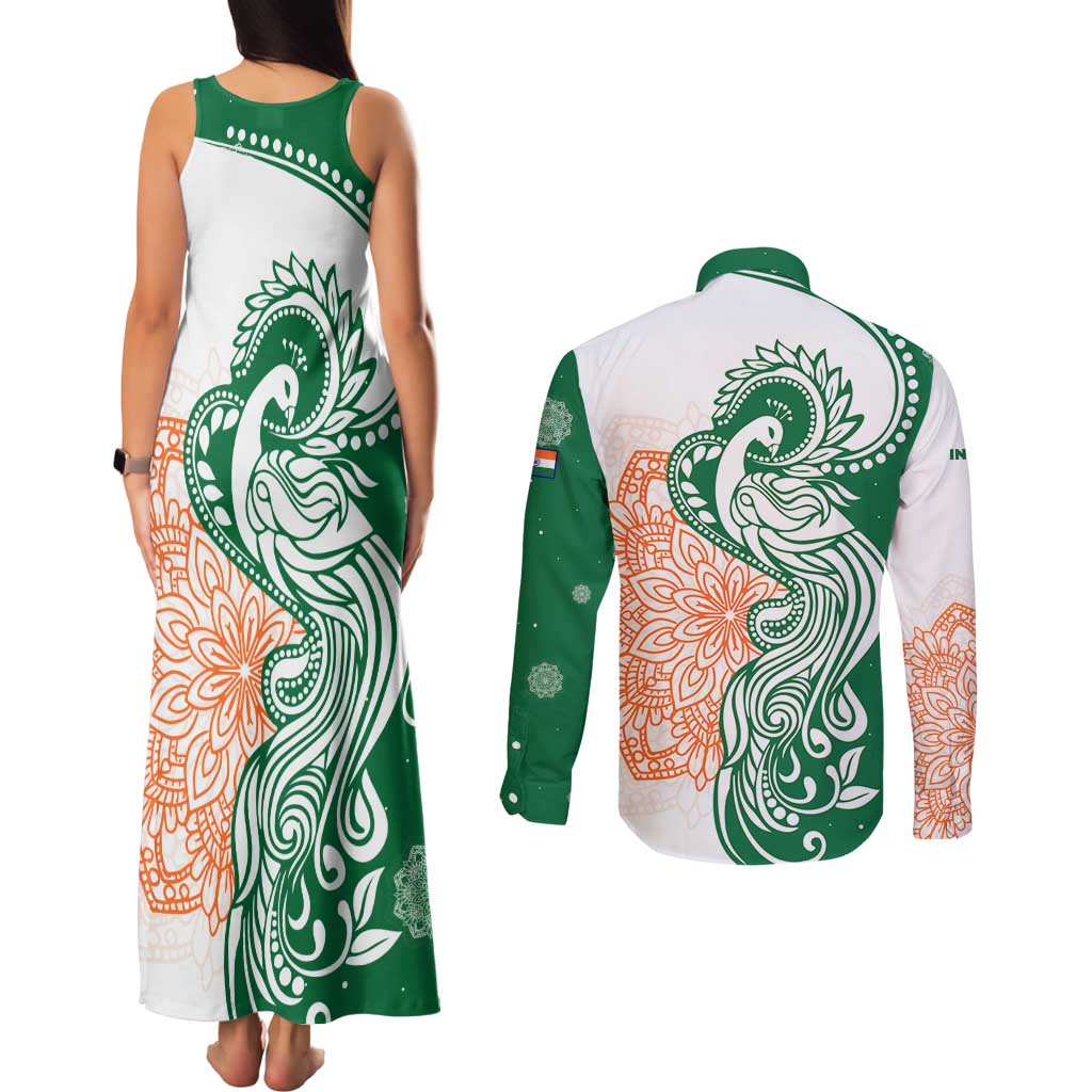 India Christmas Couples Matching Tank Maxi Dress and Long Sleeve Button Shirt with Peacock Mandala Pattern and Tricolor Design - Wonder Print Shop