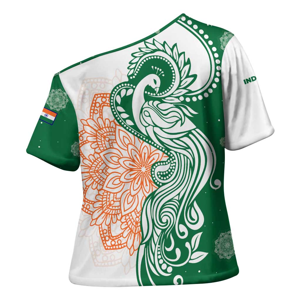 India Christmas Cross Shoulder Shirt with Peacock Mandala Pattern and Tricolor Design - Wonder Print Shop