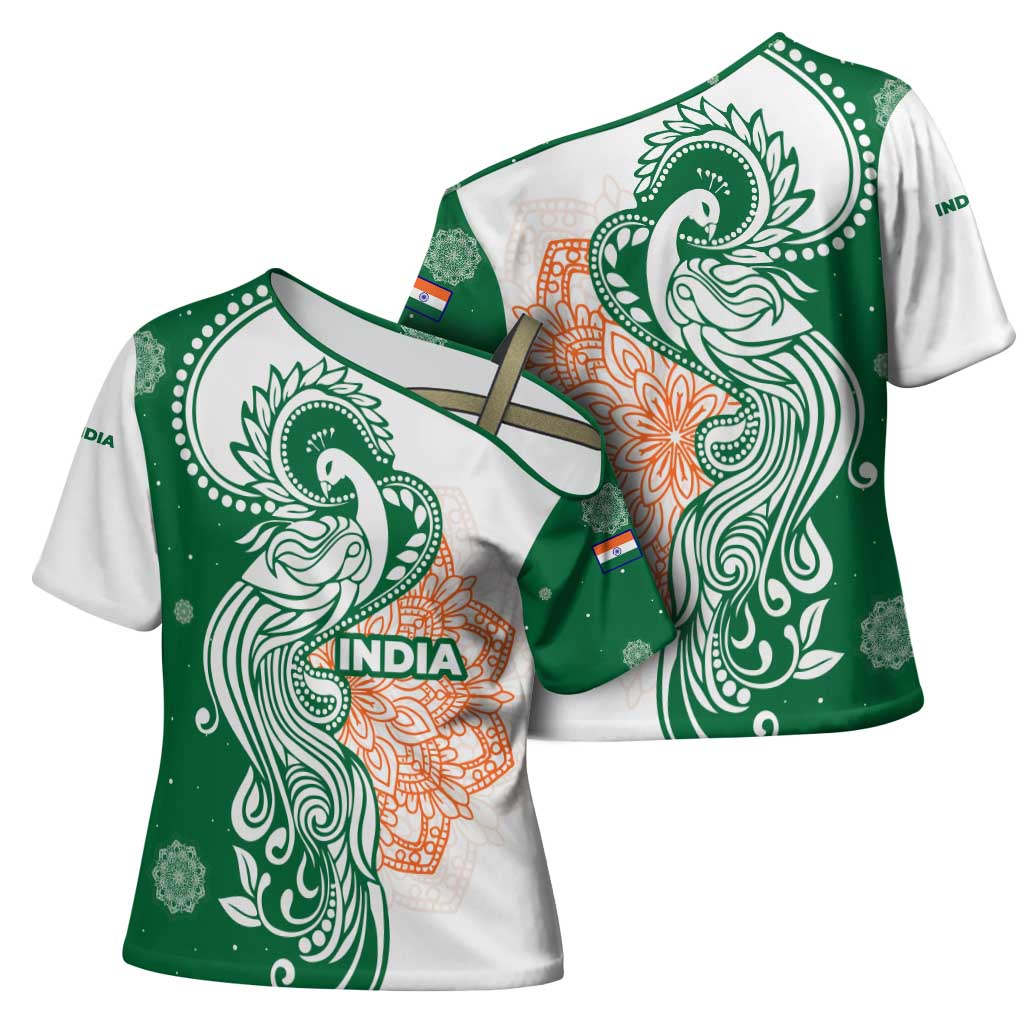 India Christmas Cross Shoulder Shirt with Peacock Mandala Pattern and Tricolor Design - Wonder Print Shop