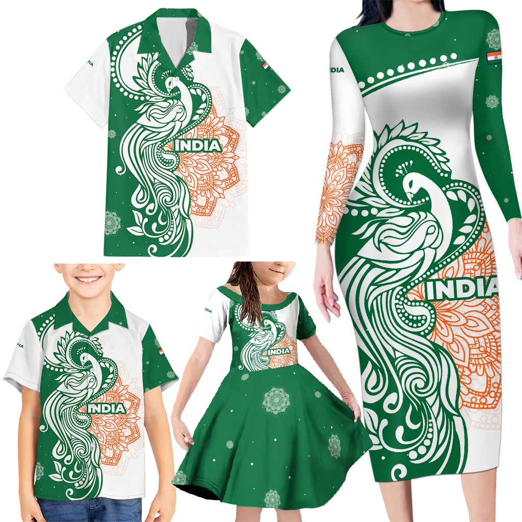 India Christmas Family Matching Long Sleeve Bodycon Dress and Hawaiian Shirt with Peacock Mandala Pattern and Tricolor Design - Wonder Print Shop