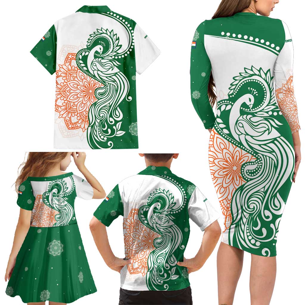 India Christmas Family Matching Long Sleeve Bodycon Dress and Hawaiian Shirt with Peacock Mandala Pattern and Tricolor Design - Wonder Print Shop