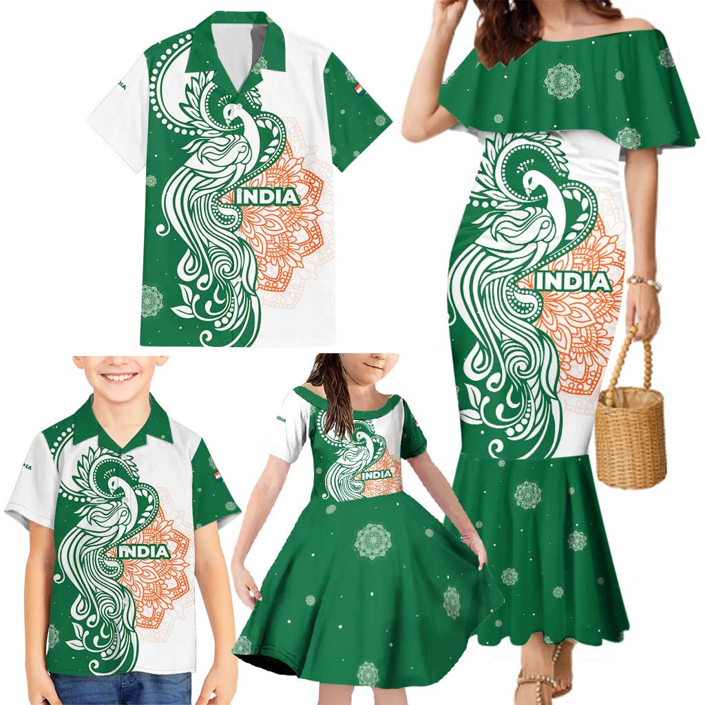 India Christmas Family Matching Mermaid Dress and Hawaiian Shirt with Peacock Mandala Pattern and Tricolor Design - Wonder Print Shop