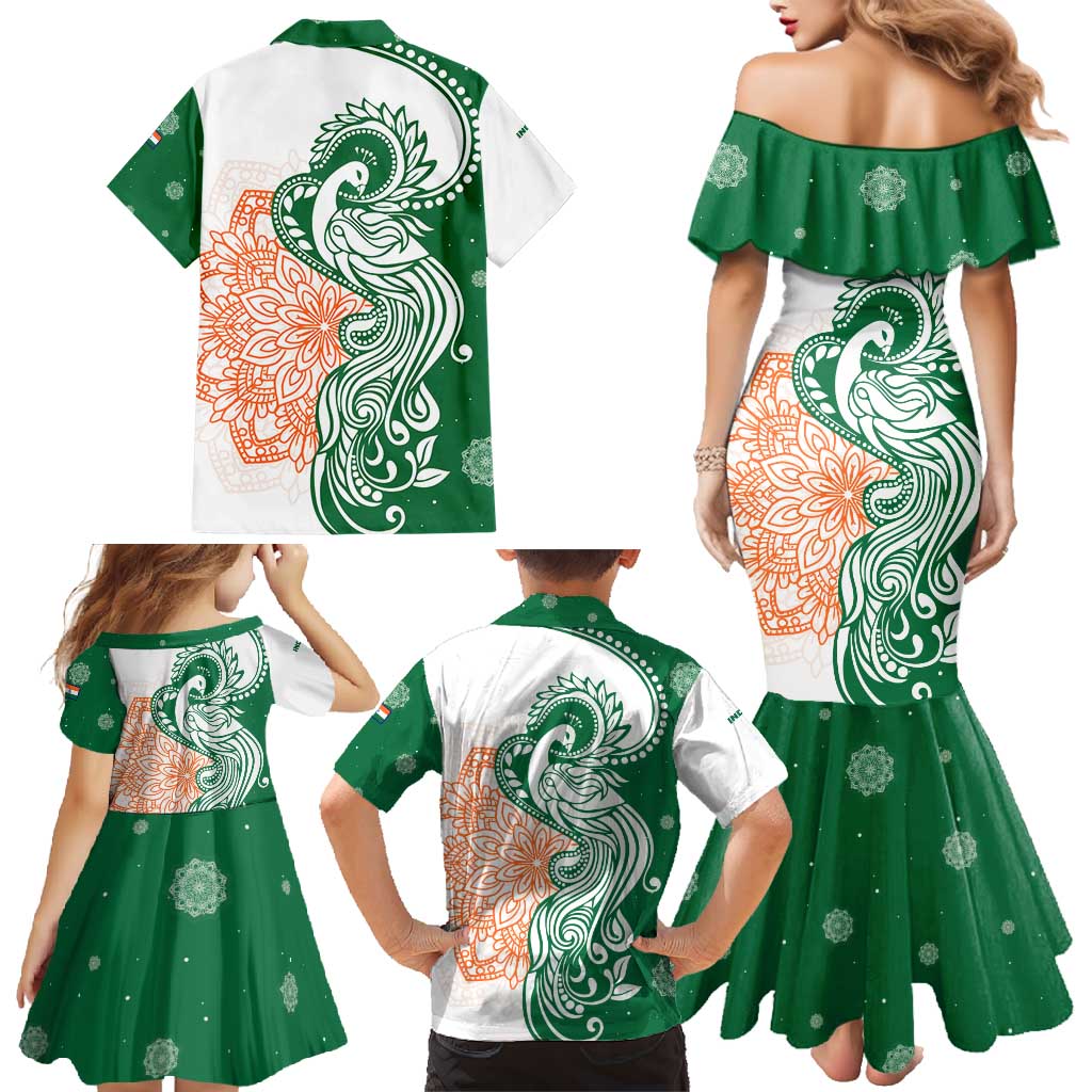 India Christmas Family Matching Mermaid Dress and Hawaiian Shirt with Peacock Mandala Pattern and Tricolor Design - Wonder Print Shop