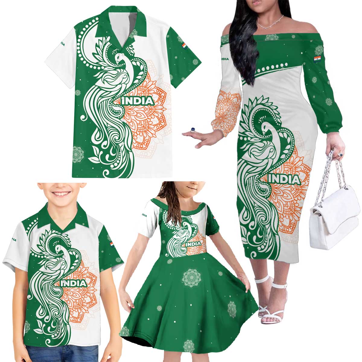 India Christmas Family Matching Off The Shoulder Long Sleeve Dress and Hawaiian Shirt with Peacock Mandala Pattern and Tricolor Design - Wonder Print Shop