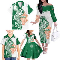 India Christmas Family Matching Off The Shoulder Long Sleeve Dress and Hawaiian Shirt with Peacock Mandala Pattern and Tricolor Design - Wonder Print Shop