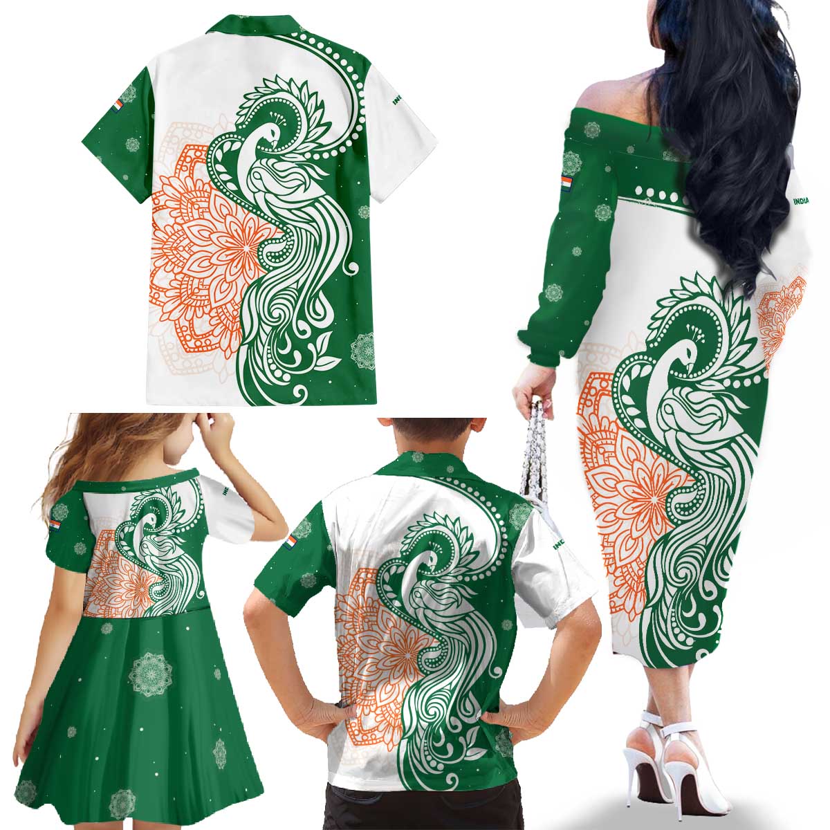 India Christmas Family Matching Off The Shoulder Long Sleeve Dress and Hawaiian Shirt with Peacock Mandala Pattern and Tricolor Design - Wonder Print Shop