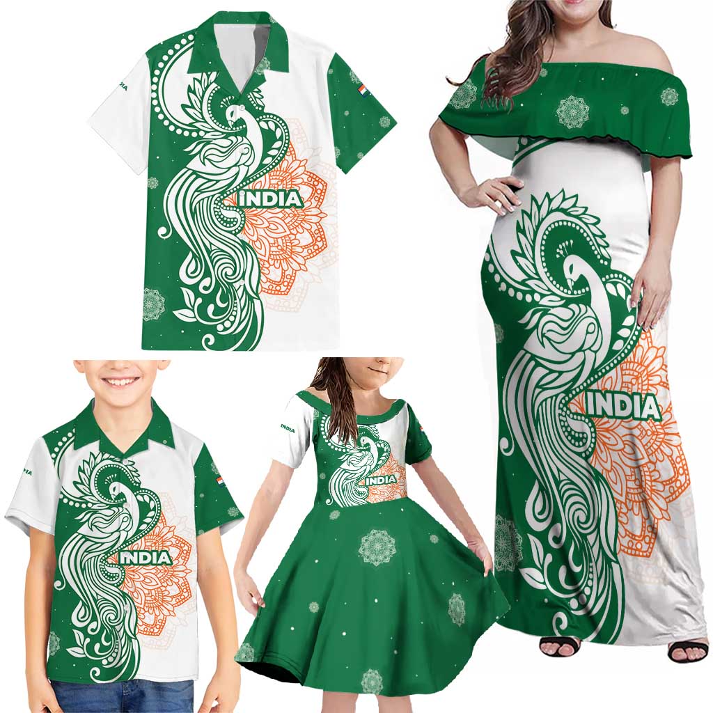 India Christmas Family Matching Off Shoulder Maxi Dress and Hawaiian Shirt with Peacock Mandala Pattern and Tricolor Design - Wonder Print Shop