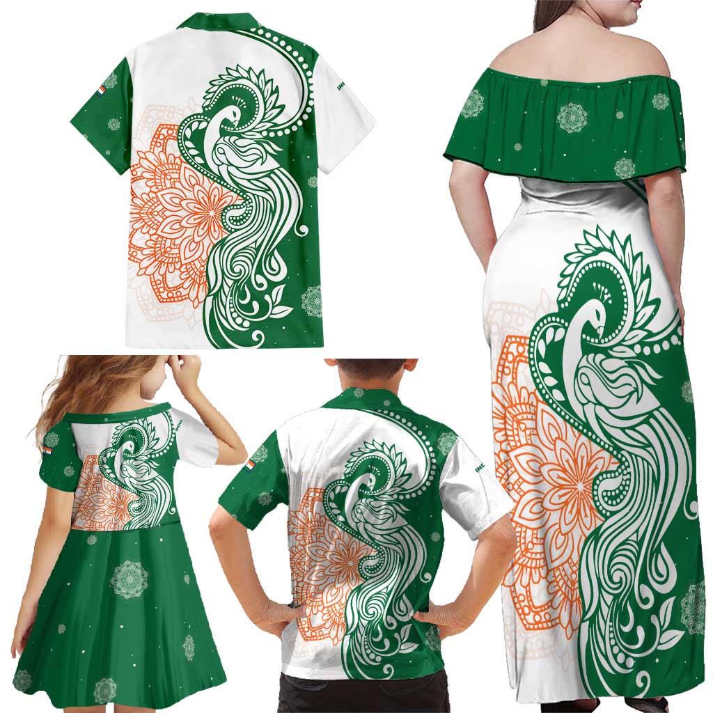 India Christmas Family Matching Off Shoulder Maxi Dress and Hawaiian Shirt with Peacock Mandala Pattern and Tricolor Design - Wonder Print Shop