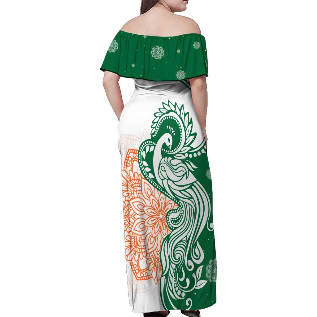 India Christmas Family Matching Off Shoulder Maxi Dress and Hawaiian Shirt with Peacock Mandala Pattern and Tricolor Design - Wonder Print Shop