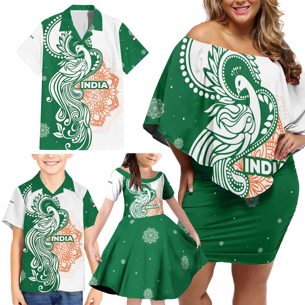 India Christmas Family Matching Off Shoulder Short Dress and Hawaiian Shirt with Peacock Mandala Pattern and Tricolor Design - Wonder Print Shop