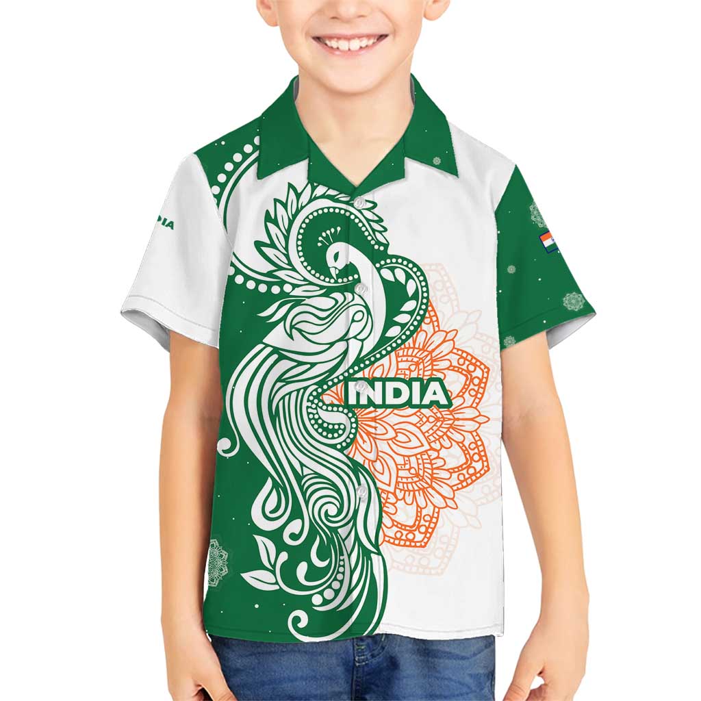 India Christmas Family Matching Off Shoulder Short Dress and Hawaiian Shirt with Peacock Mandala Pattern and Tricolor Design - Wonder Print Shop