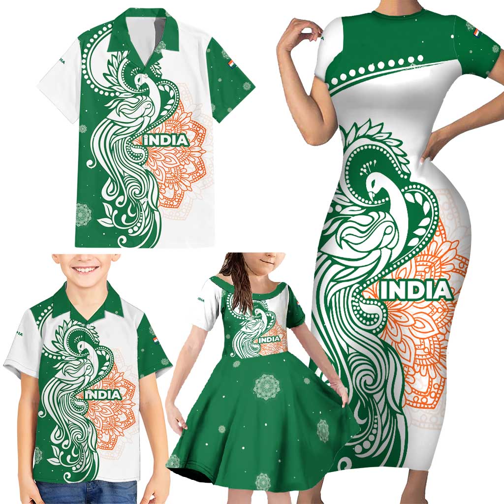 India Christmas Family Matching Short Sleeve Bodycon Dress and Hawaiian Shirt with Peacock Mandala Pattern and Tricolor Design - Wonder Print Shop