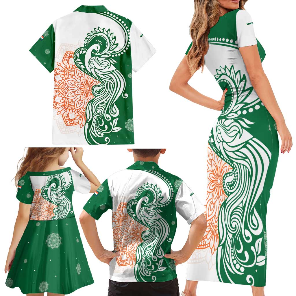 India Christmas Family Matching Short Sleeve Bodycon Dress and Hawaiian Shirt with Peacock Mandala Pattern and Tricolor Design - Wonder Print Shop