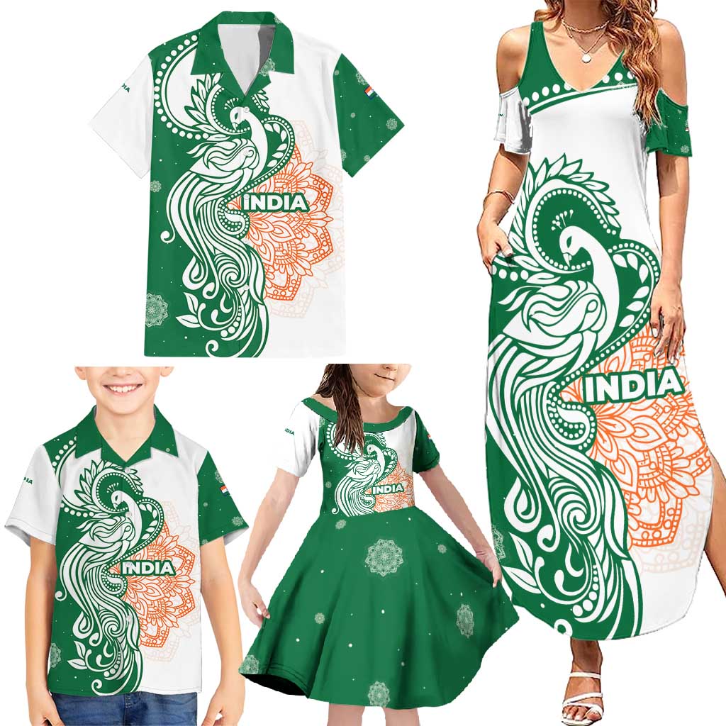 India Christmas Family Matching Summer Maxi Dress and Hawaiian Shirt with Peacock Mandala Pattern and Tricolor Design - Wonder Print Shop