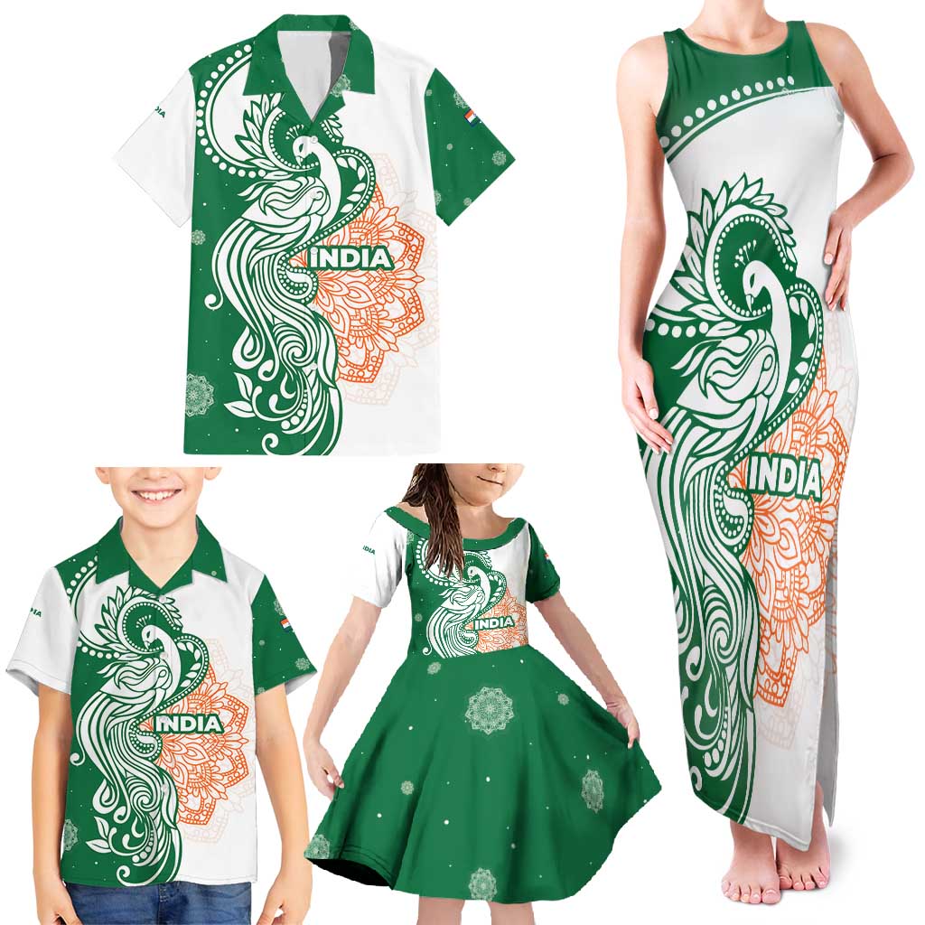 India Christmas Family Matching Tank Maxi Dress and Hawaiian Shirt with Peacock Mandala Pattern and Tricolor Design - Wonder Print Shop