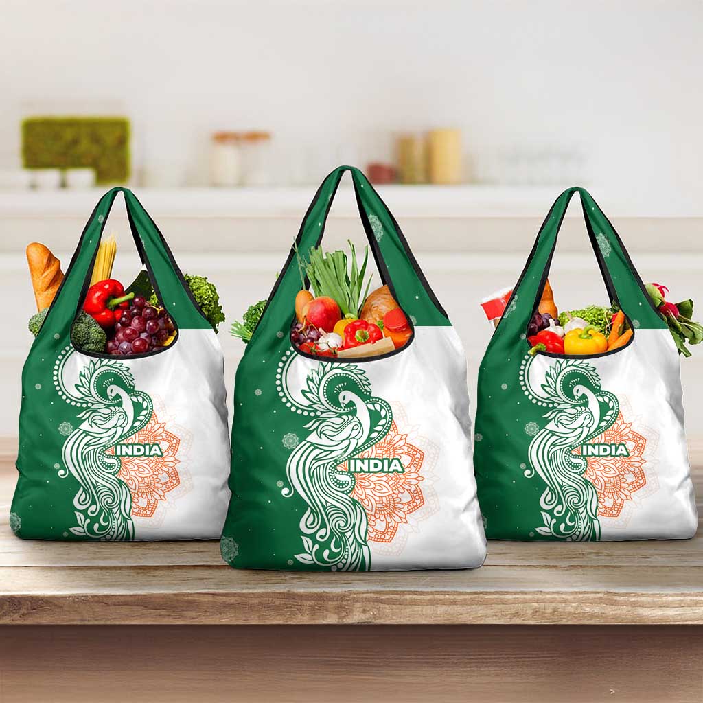 India Christmas Grocery Bag with Peacock Mandala Pattern and Tricolor Design - Wonder Print Shop