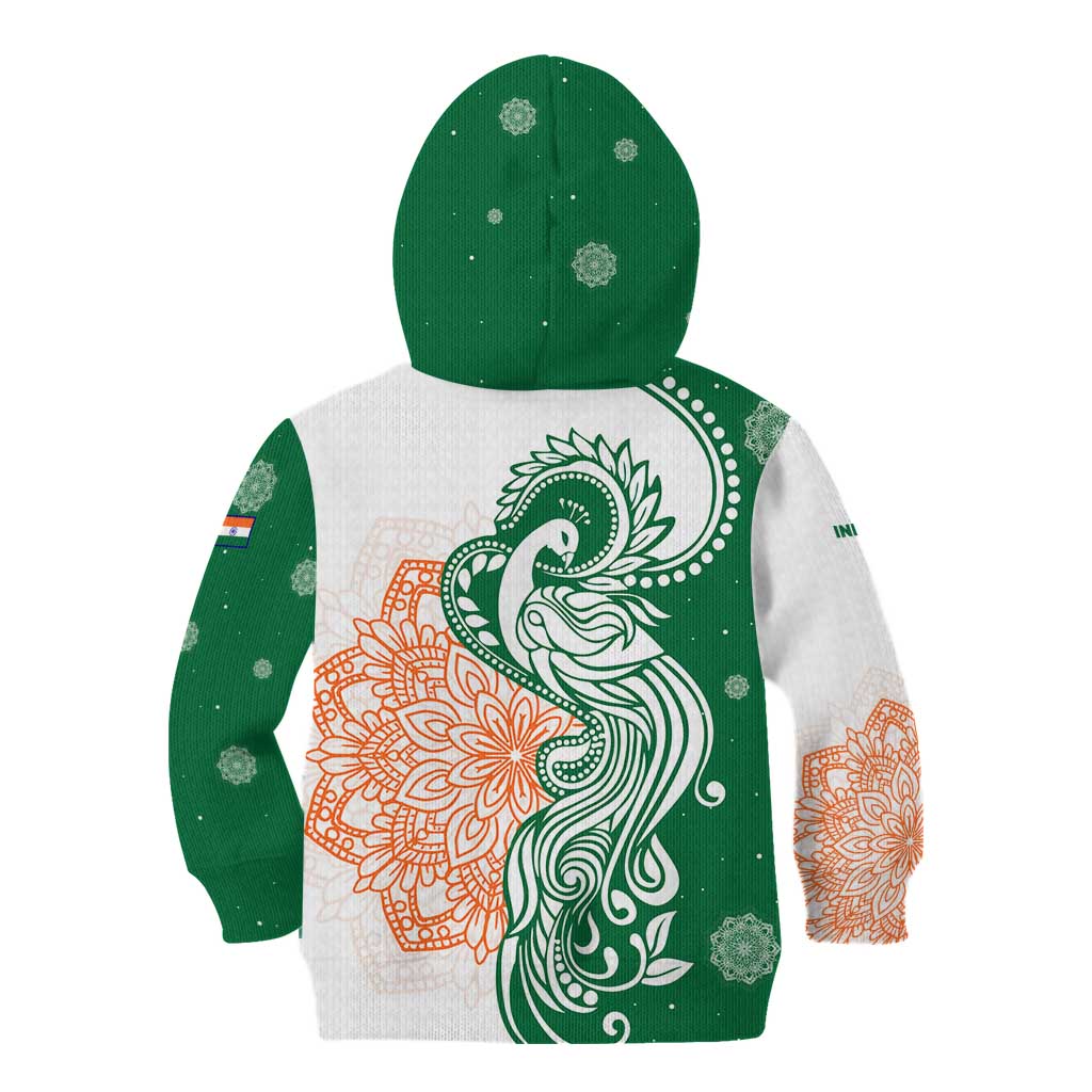 India Christmas Kid Hoodie with Peacock Mandala Pattern and Tricolor Design - Wonder Print Shop