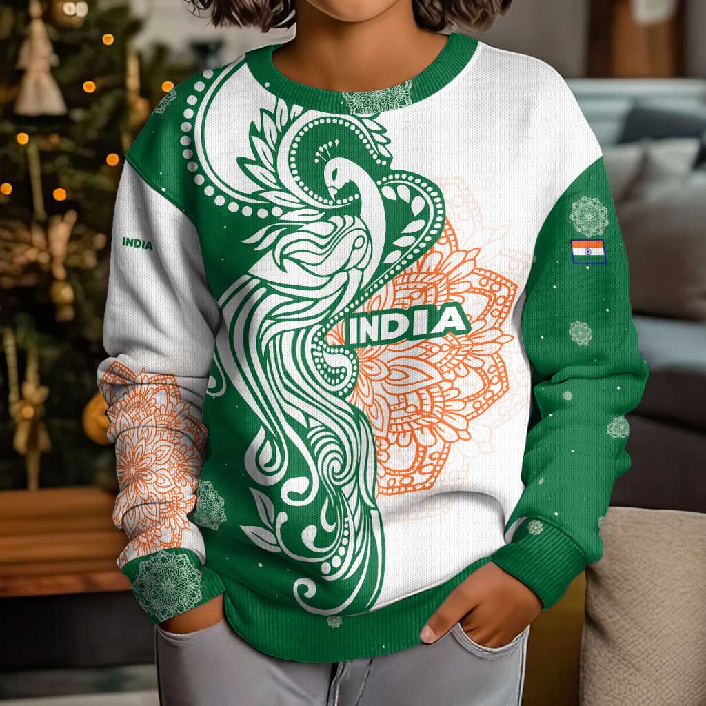 India Christmas Kid Ugly Christmas Sweater with Peacock Mandala Pattern and Tricolor Design - Wonder Print Shop