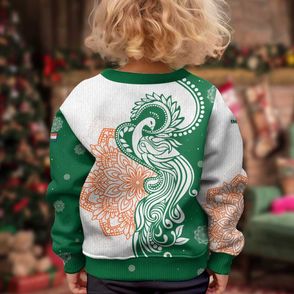 India Christmas Kid Ugly Christmas Sweater with Peacock Mandala Pattern and Tricolor Design - Wonder Print Shop