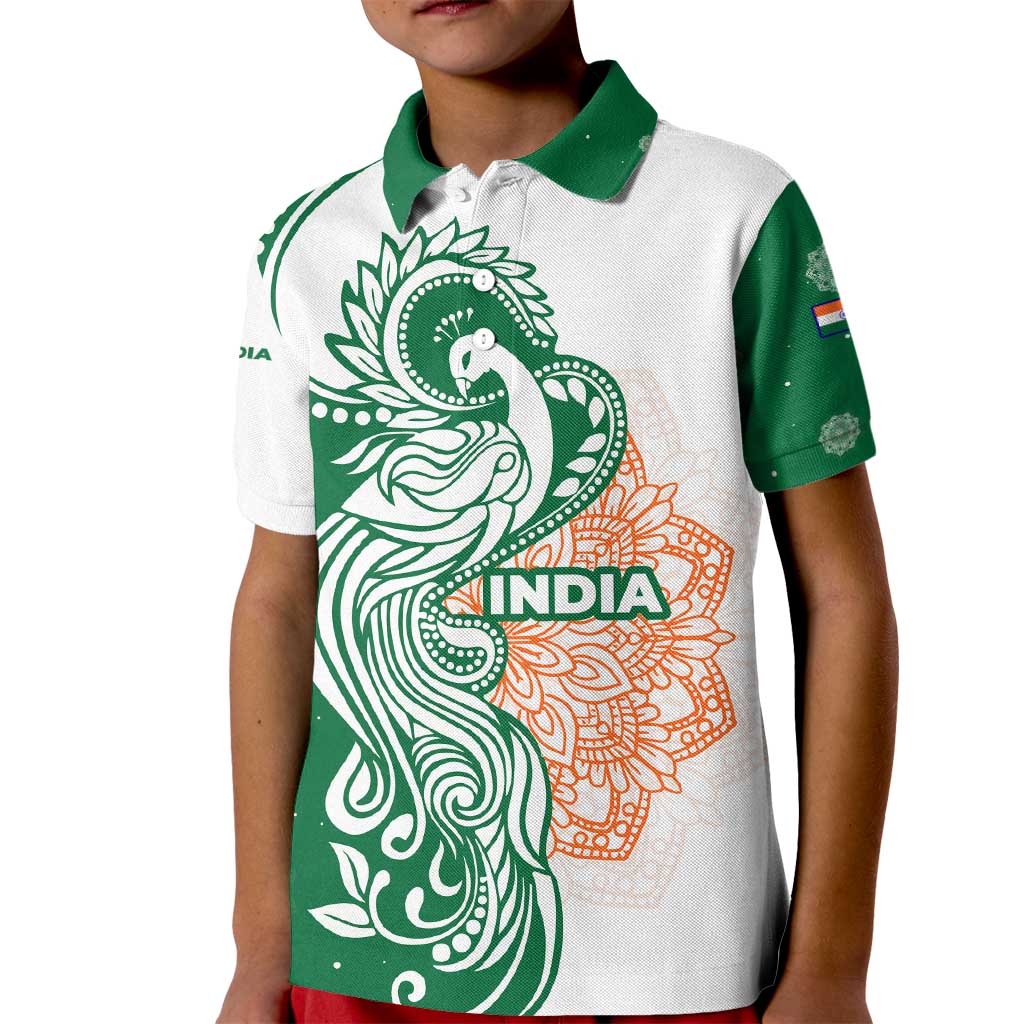 India Christmas Kid Polo Shirt with Peacock Mandala Pattern and Tricolor Design - Wonder Print Shop