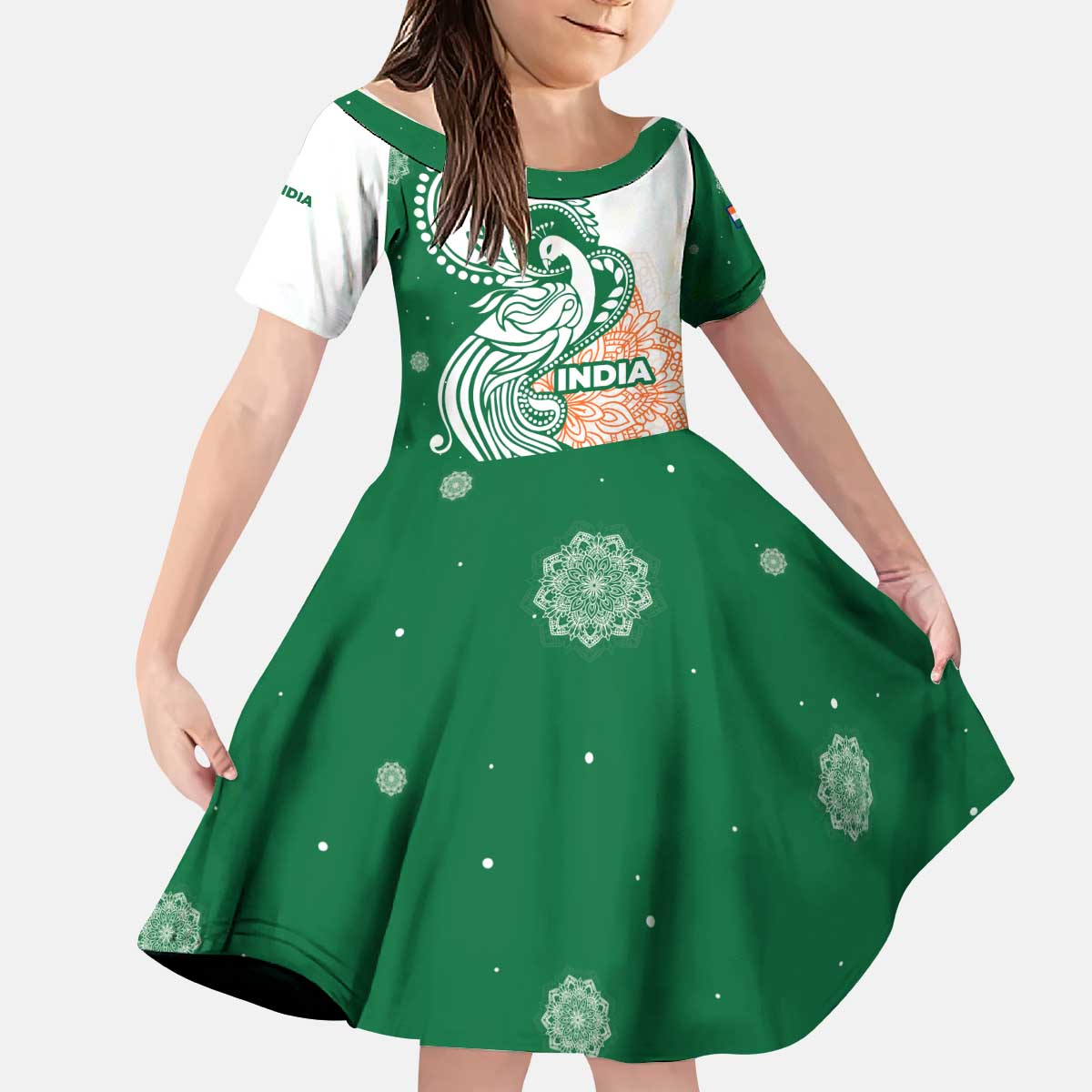 India Christmas Kid Short Sleeve Dress with Peacock Mandala Pattern and Tricolor Design - Wonder Print Shop