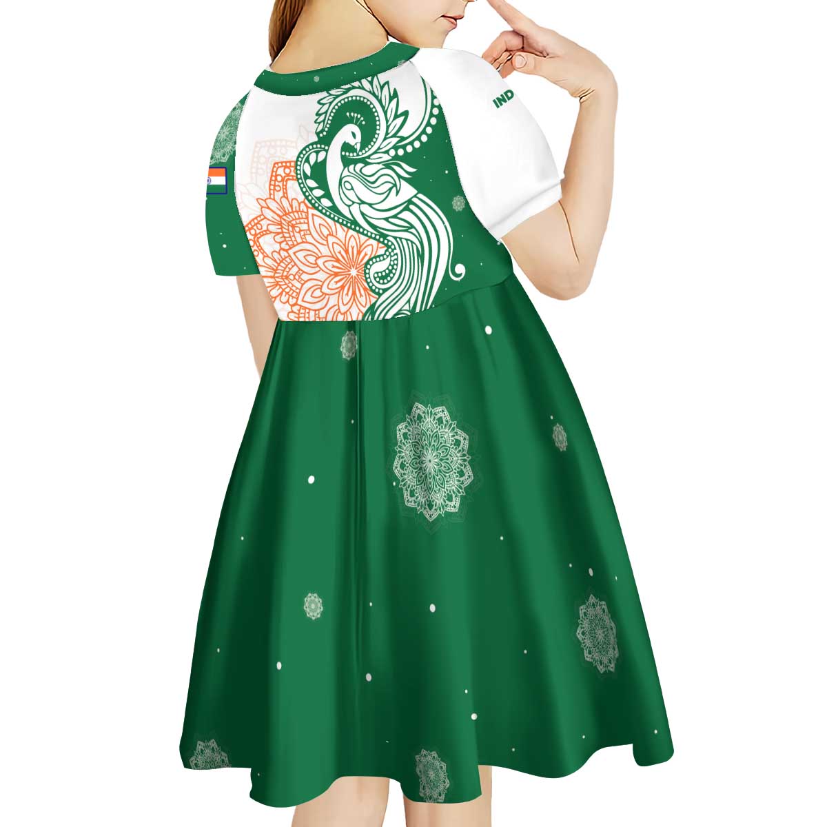 India Christmas Kid Short Sleeve Dress with Peacock Mandala Pattern and Tricolor Design - Wonder Print Shop