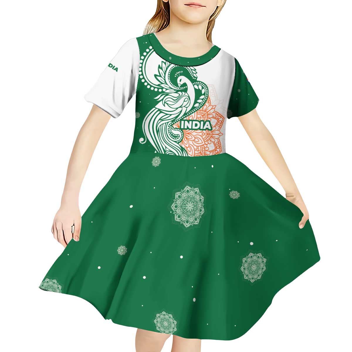 India Christmas Kid Short Sleeve Dress with Peacock Mandala Pattern and Tricolor Design - Wonder Print Shop