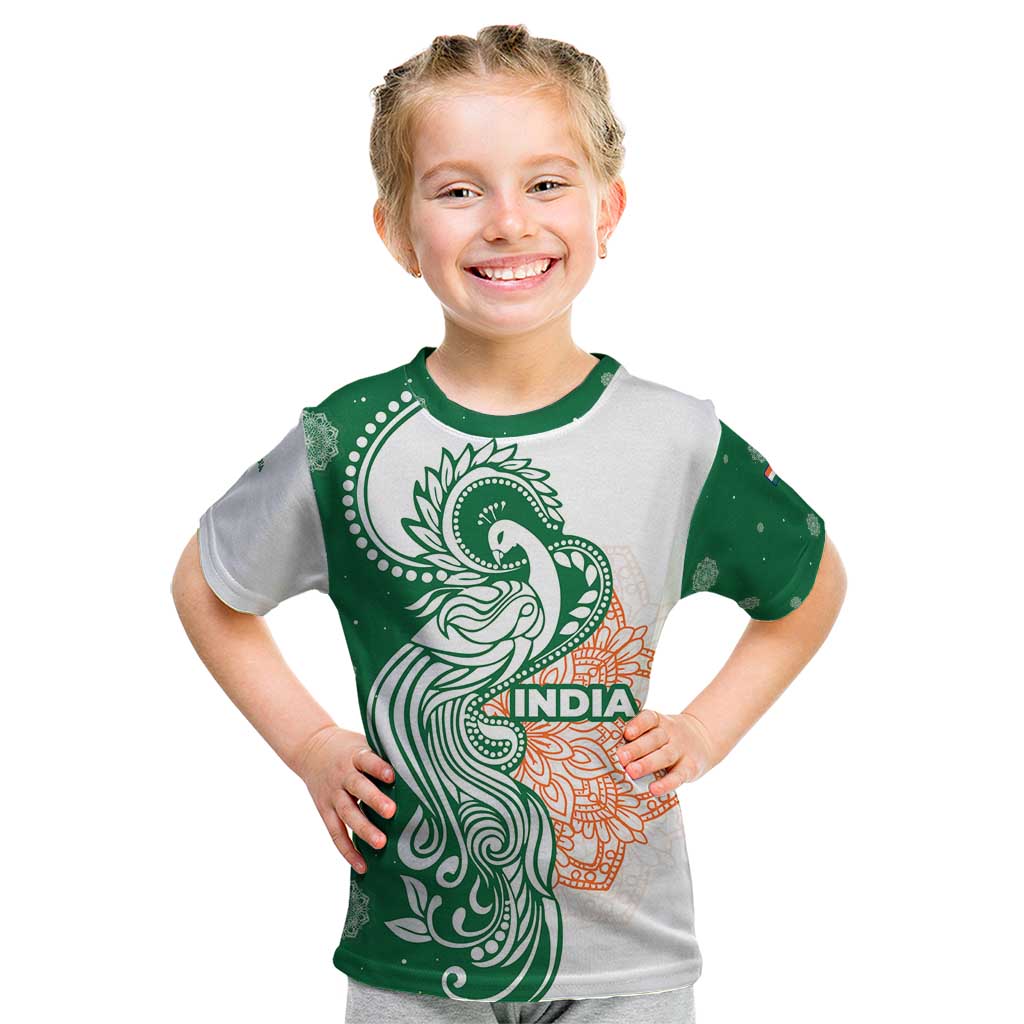India Christmas Kid T Shirt with Peacock Mandala Pattern and Tricolor Design - Wonder Print Shop