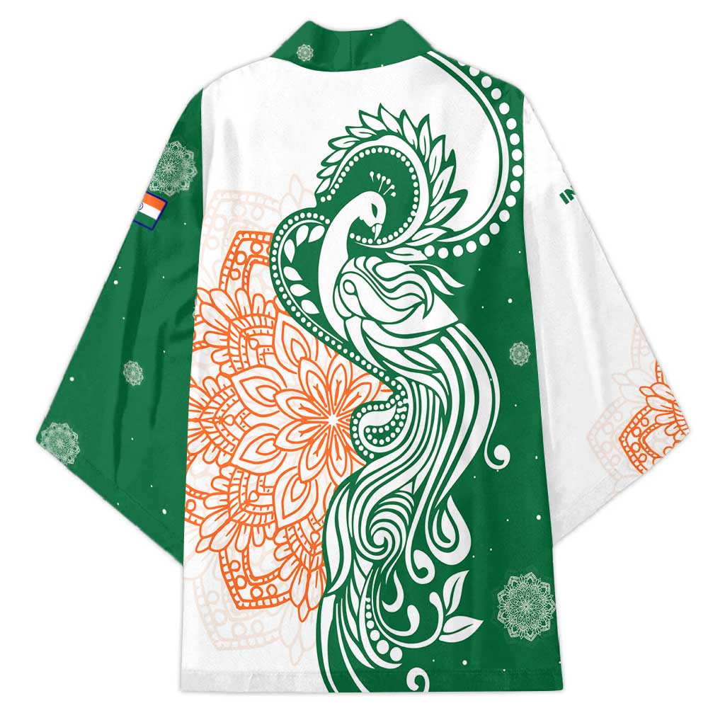 India Christmas Kimono with Peacock Mandala Pattern and Tricolor Design - Wonder Print Shop