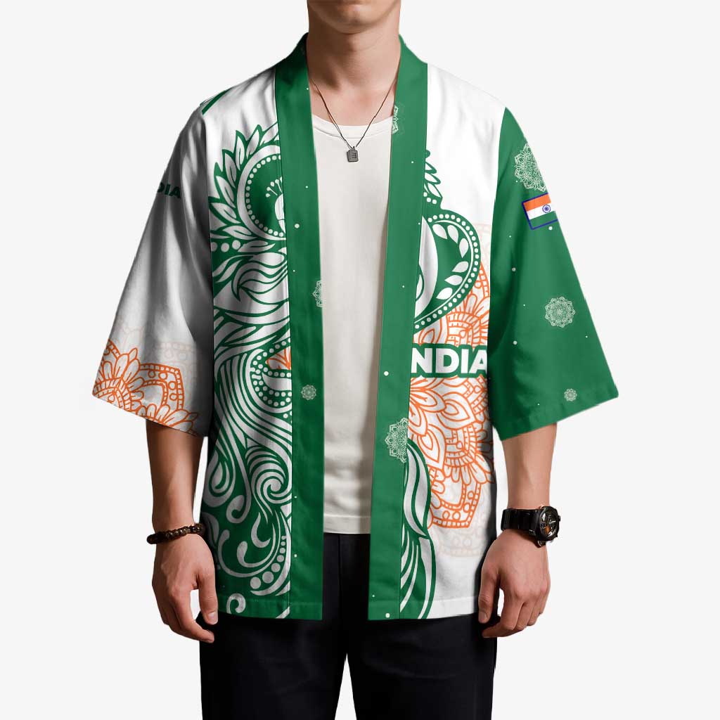 India Christmas Kimono with Peacock Mandala Pattern and Tricolor Design - Wonder Print Shop