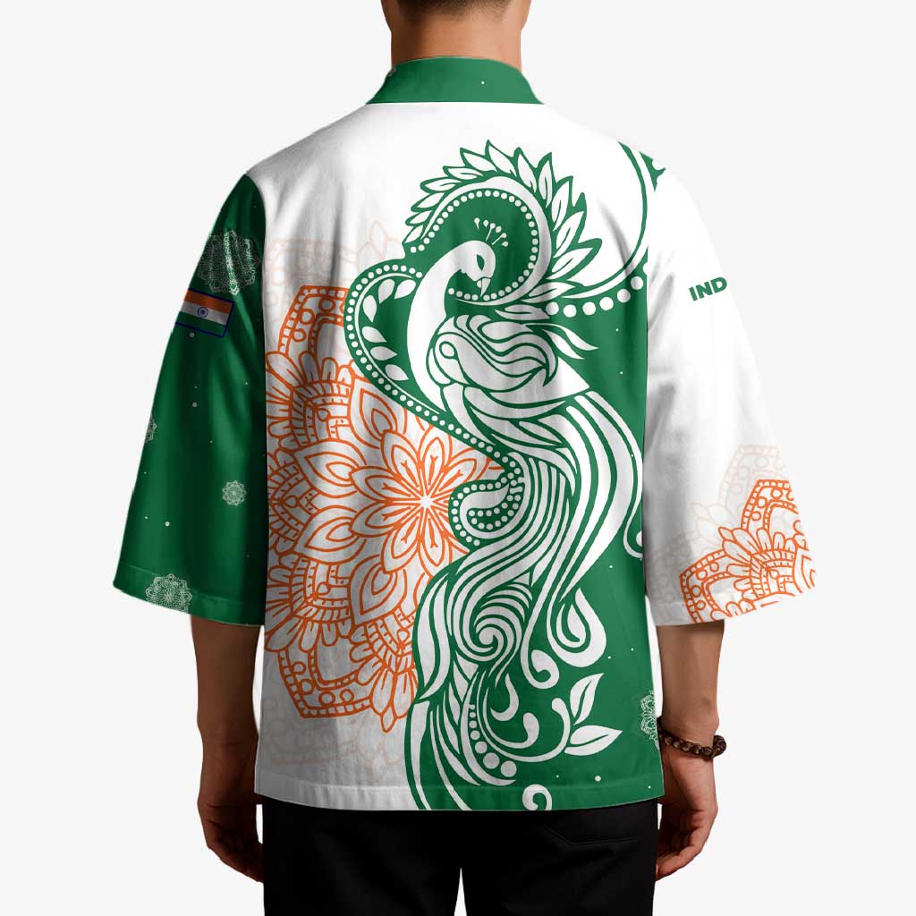 India Christmas Kimono with Peacock Mandala Pattern and Tricolor Design - Wonder Print Shop