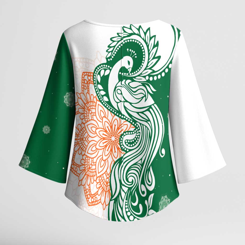 India Christmas Kimono Sleeve Blouse with Peacock Mandala Pattern and Tricolor Design - Wonder Print Shop