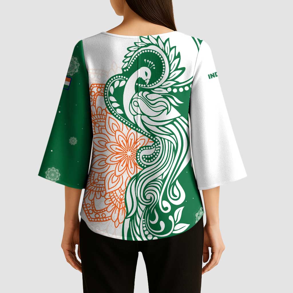 India Christmas Kimono Sleeve Blouse with Peacock Mandala Pattern and Tricolor Design - Wonder Print Shop