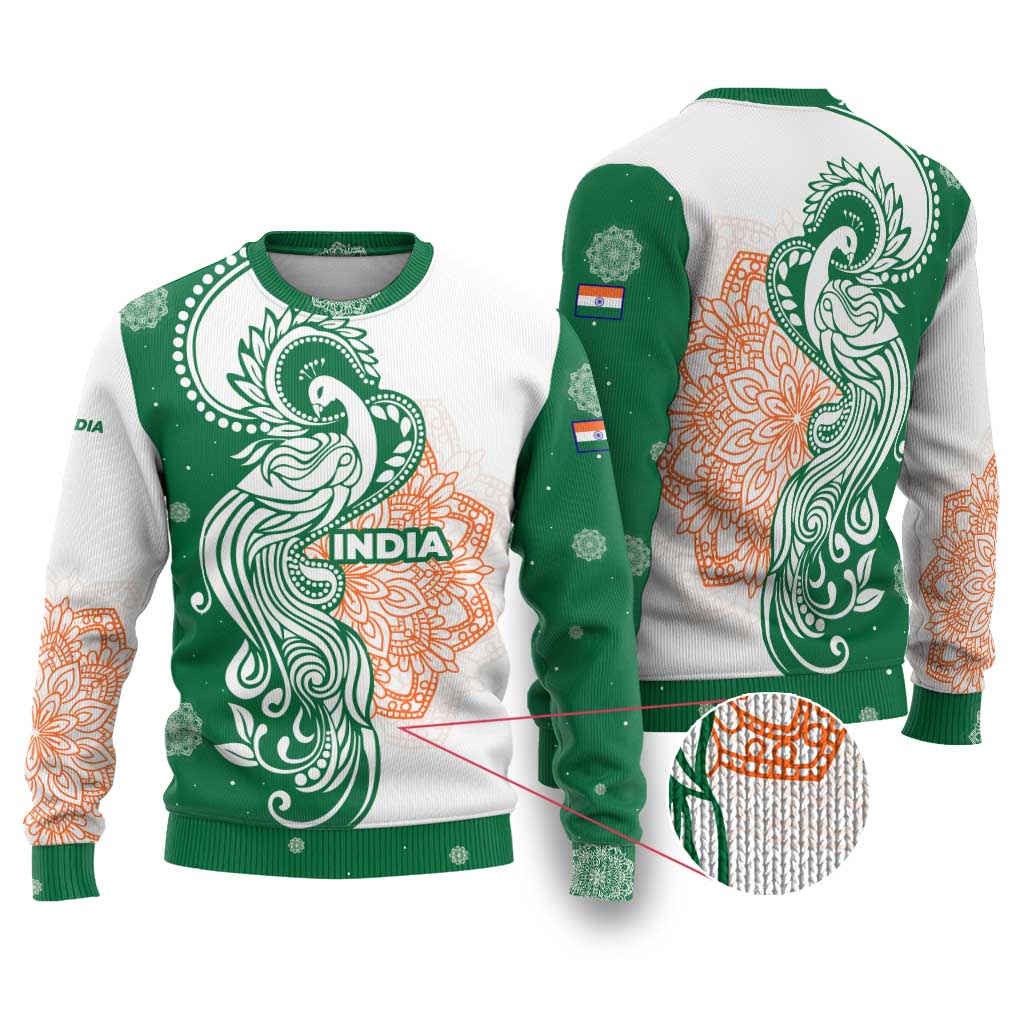 India Christmas Ugly Christmas Sweater with Peacock Mandala Pattern and Tricolor Design - Wonder Print Shop