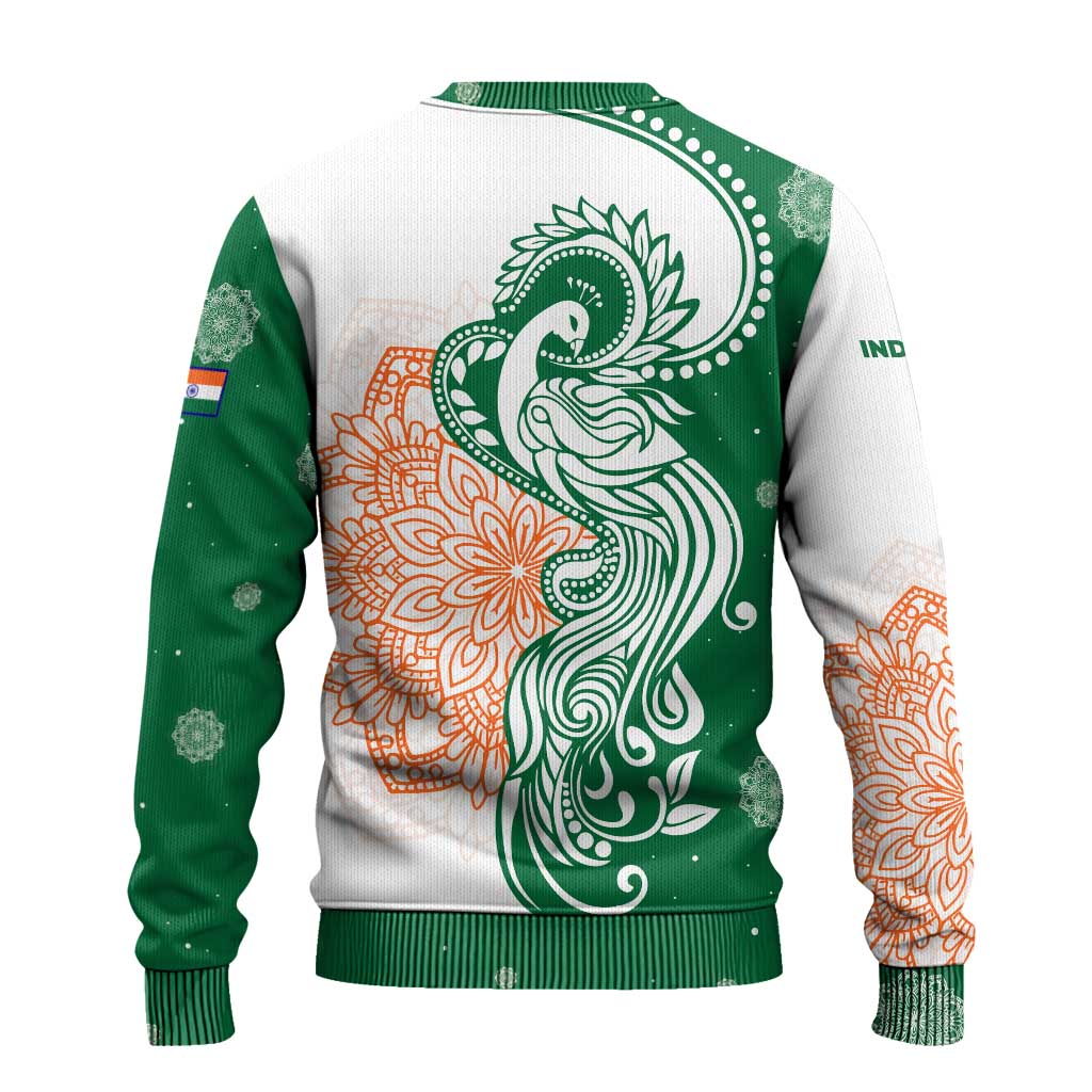 India Christmas Ugly Christmas Sweater with Peacock Mandala Pattern and Tricolor Design - Wonder Print Shop