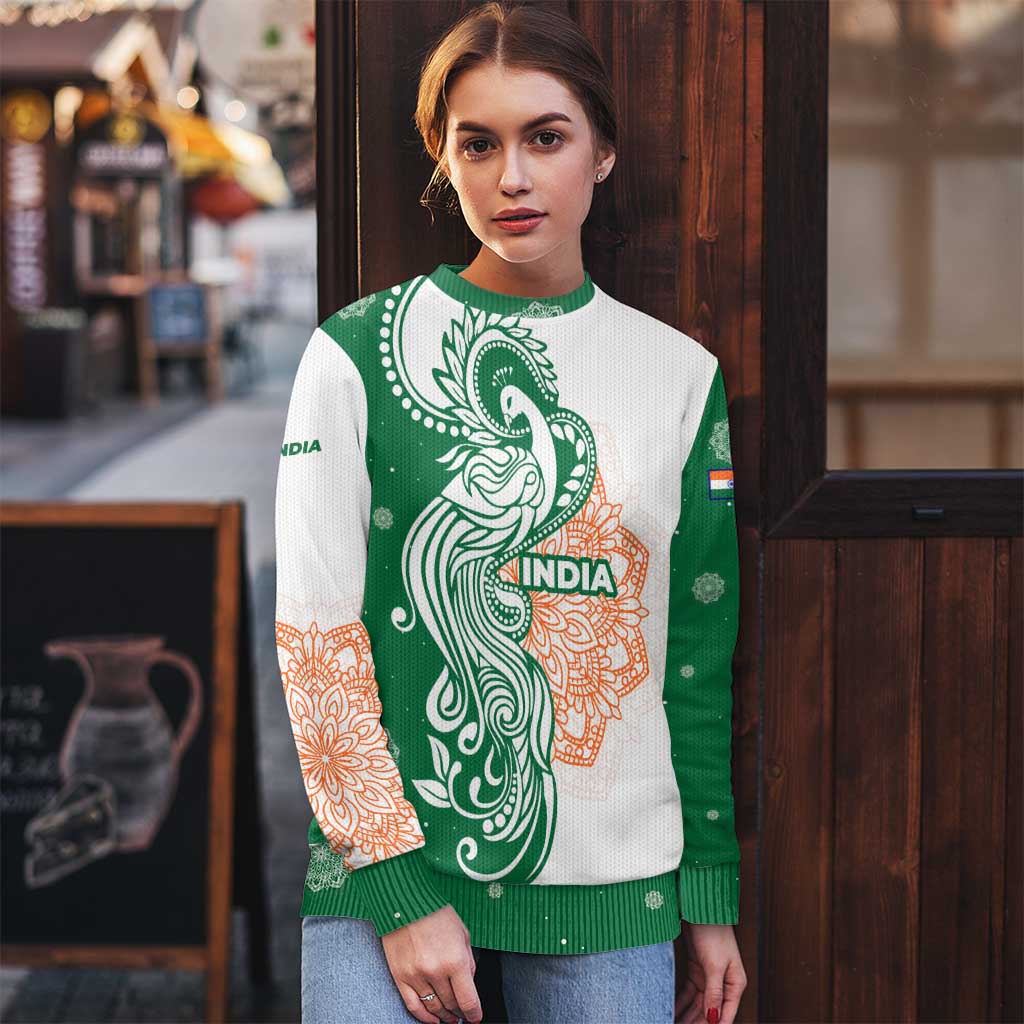 India Christmas Ugly Christmas Sweater with Peacock Mandala Pattern and Tricolor Design - Wonder Print Shop