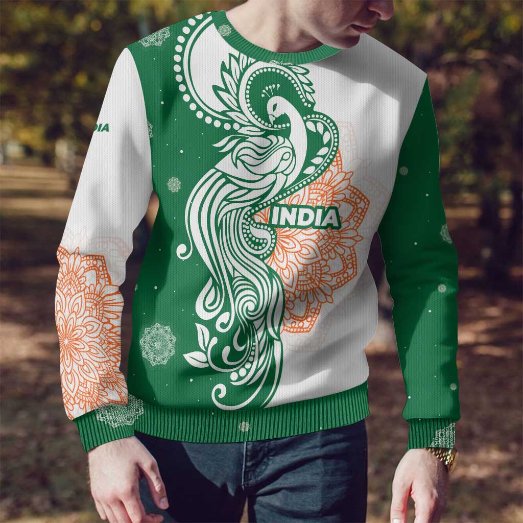 India Christmas Ugly Christmas Sweater with Peacock Mandala Pattern and Tricolor Design - Wonder Print Shop
