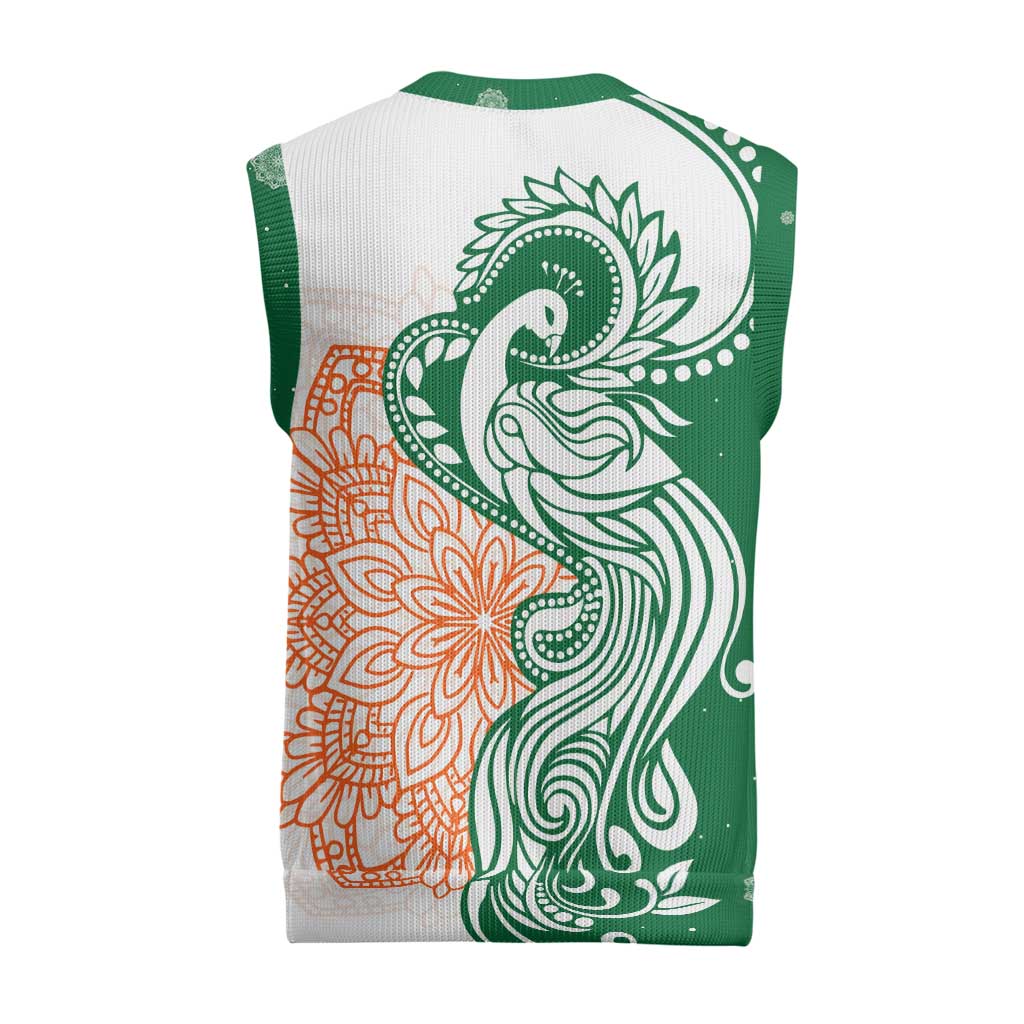 India Christmas Knitted V-Neck Vest with Peacock Mandala Pattern and Tricolor Design - Wonder Print Shop
