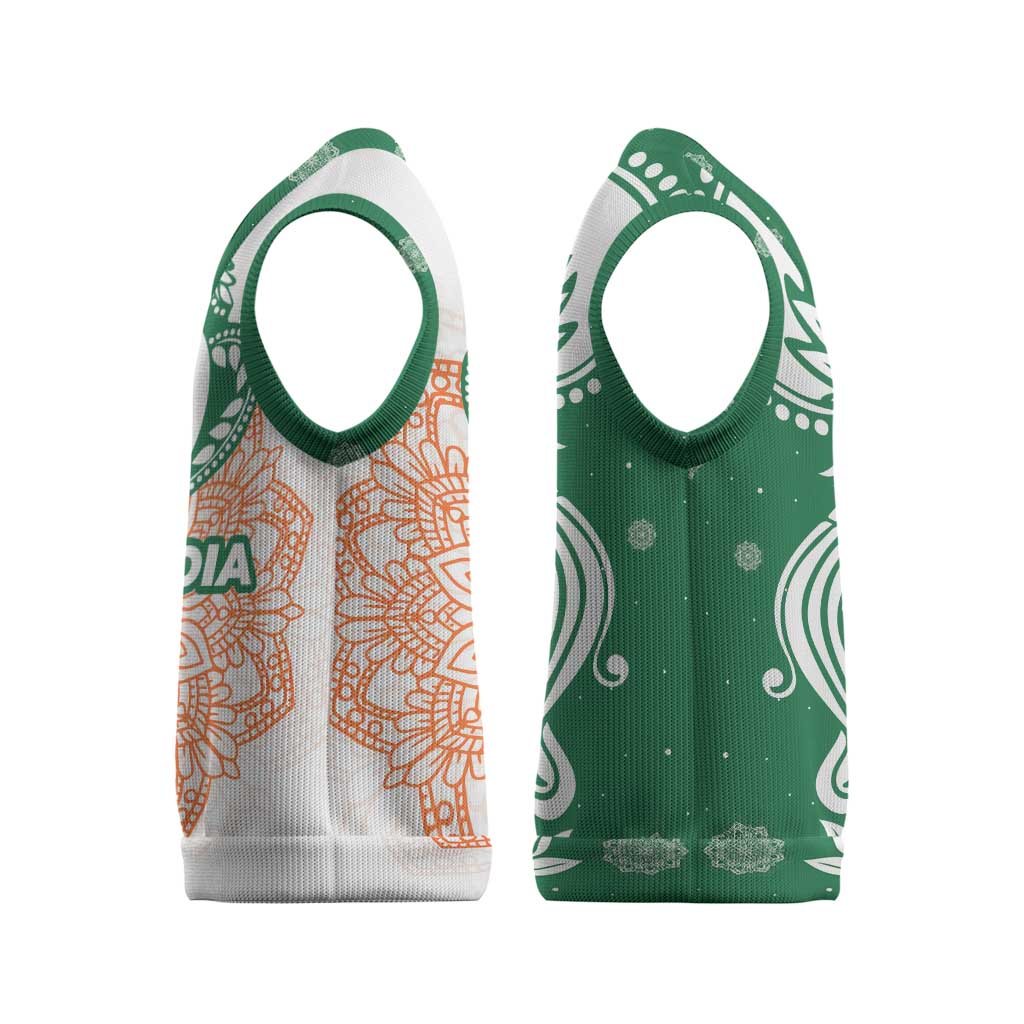 India Christmas Knitted V-Neck Vest with Peacock Mandala Pattern and Tricolor Design - Wonder Print Shop