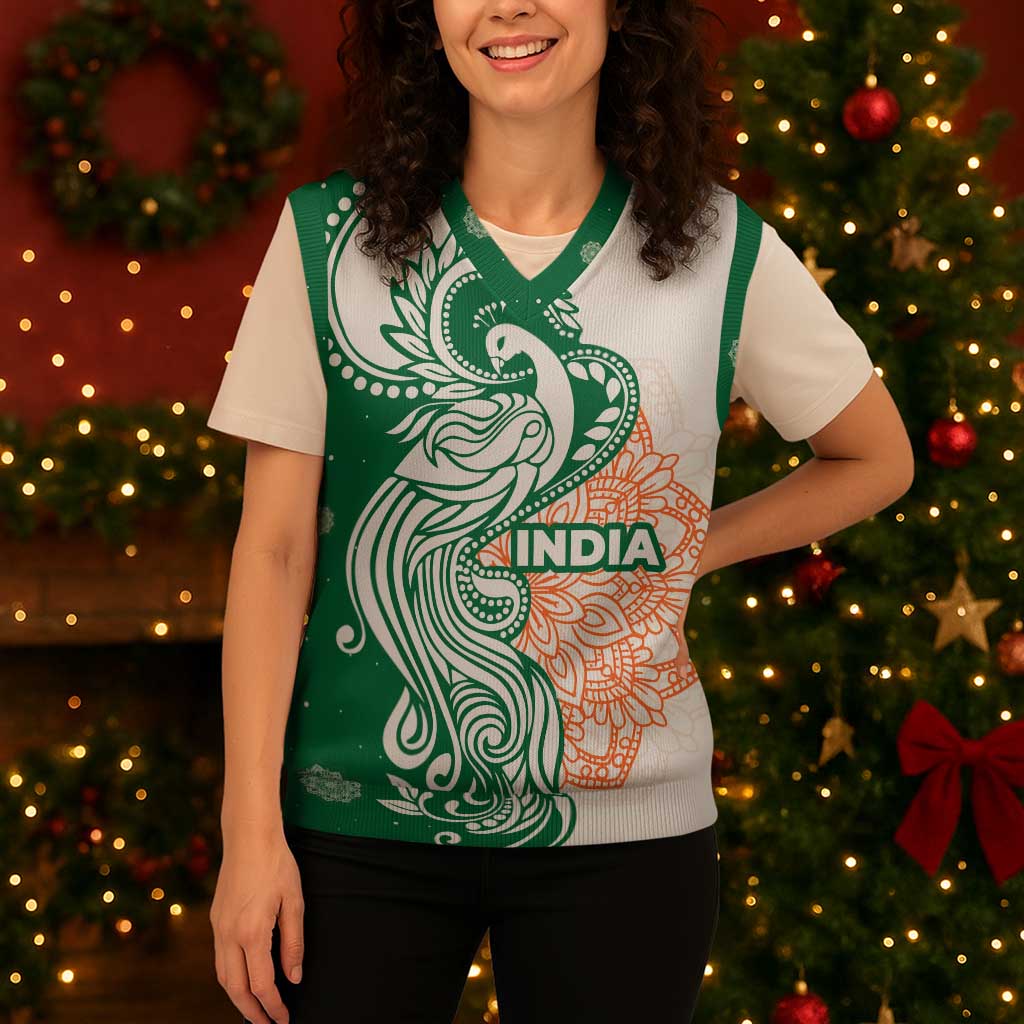 India Christmas Knitted V-Neck Vest with Peacock Mandala Pattern and Tricolor Design - Wonder Print Shop