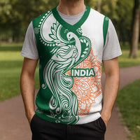 India Christmas Knitted V-Neck Vest with Peacock Mandala Pattern and Tricolor Design - Wonder Print Shop
