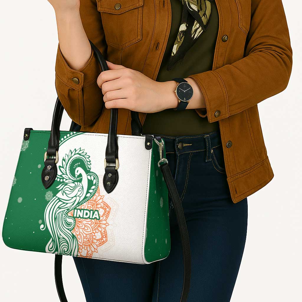 India Christmas Leather Bag with Peacock Mandala Pattern and Tricolor Design - Wonder Print Shop