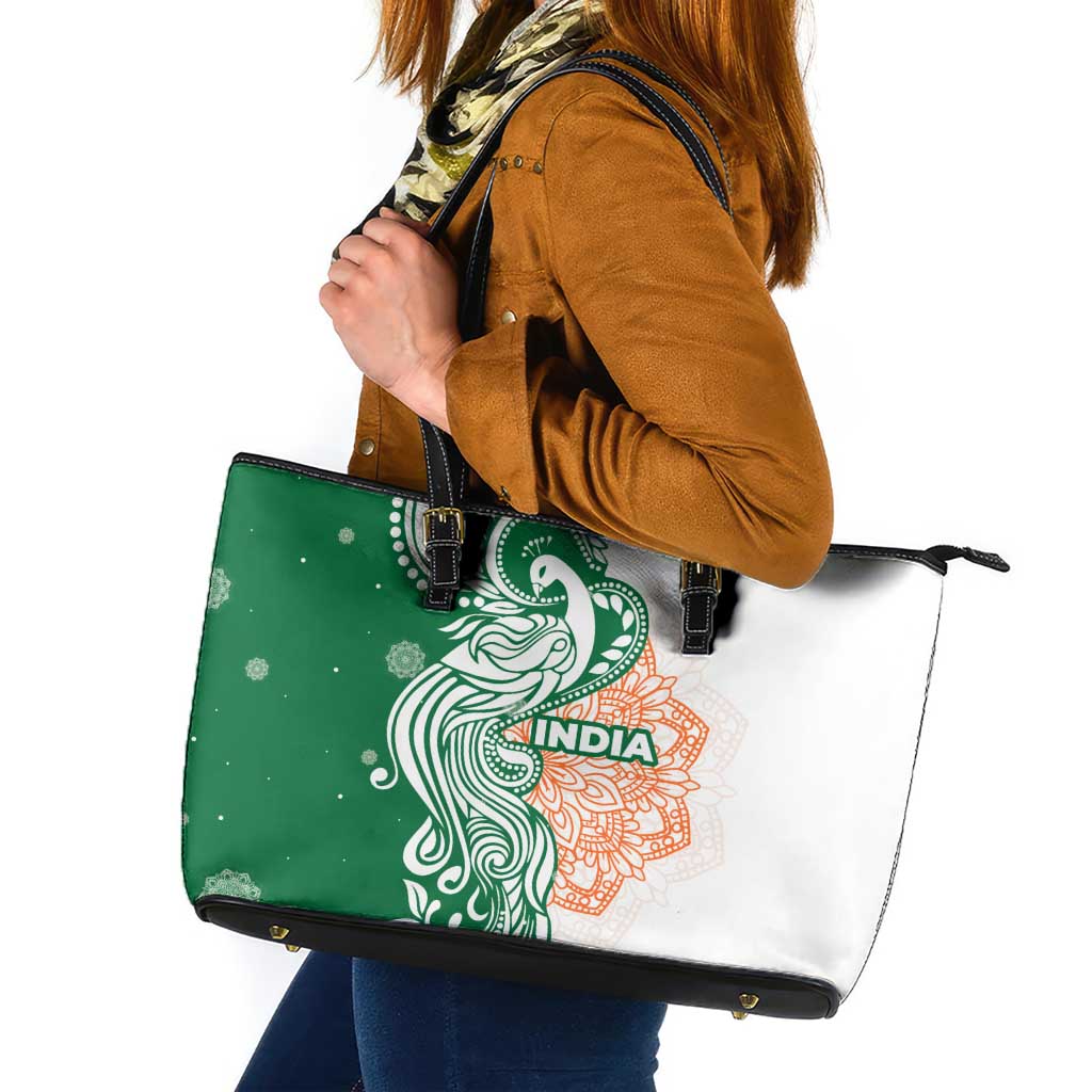 India Christmas Leather Tote Bag with Peacock Mandala Pattern and Tricolor Design - Wonder Print Shop